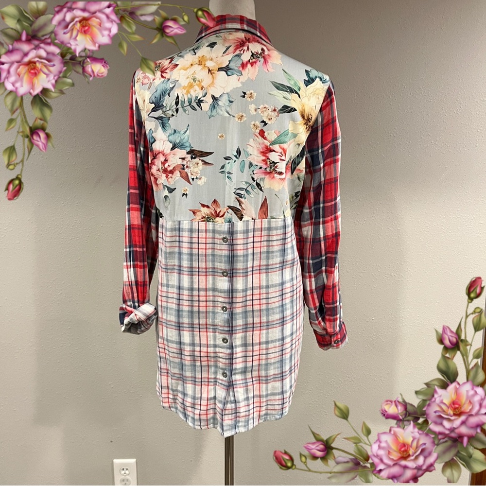 Tribal jeans Floral and‎ Plaid Button-Up long sleeve Shirt